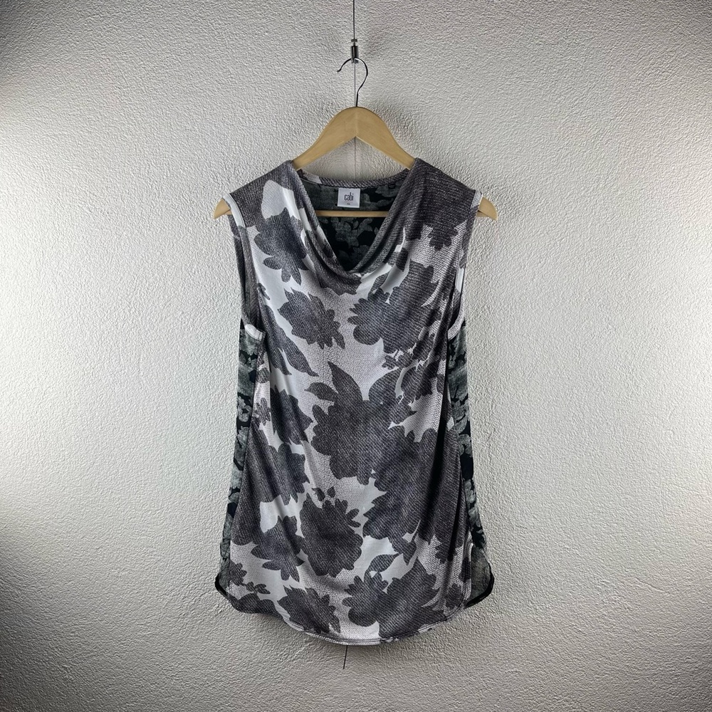 CAbi l S Gray Tones Contrast Floral Front Draped Neckline Semi-Sheer Back Blouse